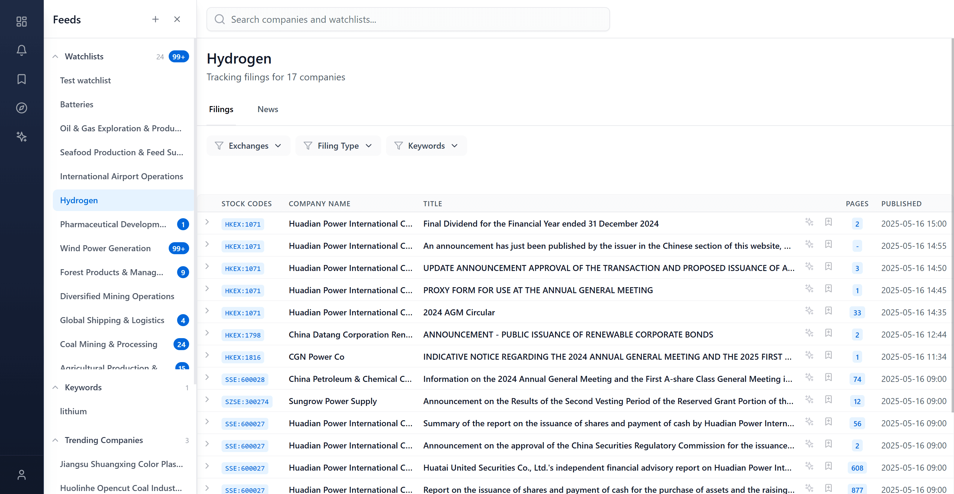 FilingReader Platform Interface - Hydrogen watchlist showing real filings from global companies like Huadian Power International and China Datang Corporation